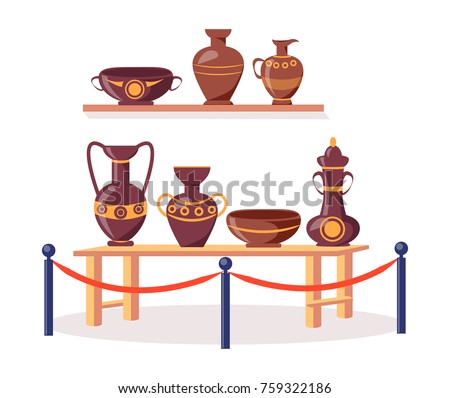 Set of ancient Greek pottery on wooden shelf and short table fenced off by metal railing stand with red rope isolated vector illustration on white