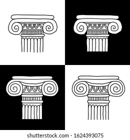 Set of ancient greek, roman columns, pillars, orders. Hand drawn linear silhouettes