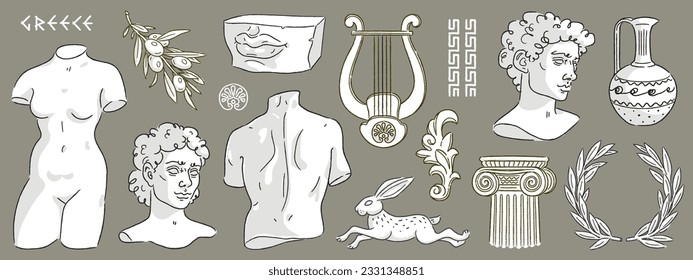 Set of ancient greek statue, bust, pillar, amphora, column and olive branch. Greece culture antique illustration collection. Historical flat cartoon drawing bundle