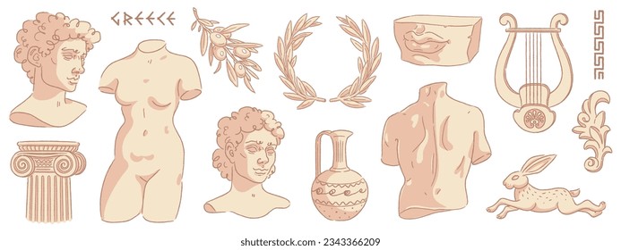Set of ancient greek statue, bust, pillar, amphora, column and olive branch. Greece culture antique illustration collection. Historical flat cartoon drawing bundle