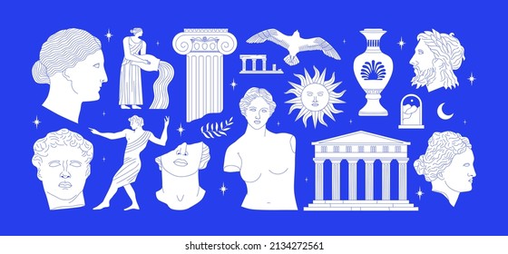 古代ギリシャの彫像と青い色の古典的なビンテージモニュメントの形状のセット。ギリシャ文化アンティークイラストコレクション。歴史的なフラット漫画の図面のバンドル。