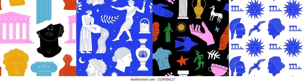 Set of ancient greek statue and classic vintage monument seamless pattern. Colorful greece culture background illustration collection. Historical flat cartoon drawing bundle.