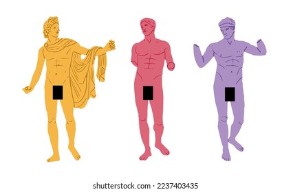 Set of ancient greek statue and classic vintage monument shapes in bright color. Greece culture antique illustration collection. Historical flat cartoon drawing bundle.Antique art design elements