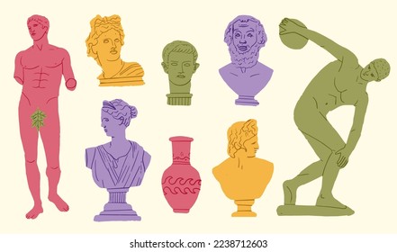 Set of ancient greek statue and classic vintage monument shapes in bright color. Greece culture antique illustration collection. Historical flat cartoon drawing bundle.Antique art design elements