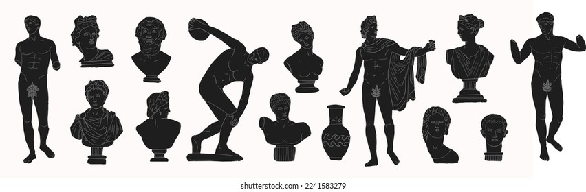 Set of ancient greek statue and classic vintage monument shapes in black color. Greece culture antique illustration collection. Historical flat cartoon drawing bundle.Antique art design elements