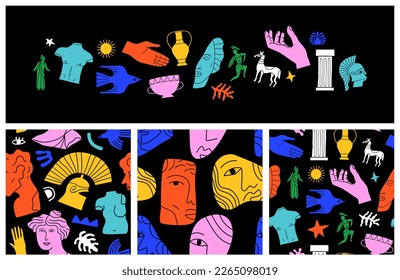 Set of ancient greek statue and classic vintage monument seamless pattern. Colorful greece culture background illustration collection. Historical flat cartoon drawing bundle.