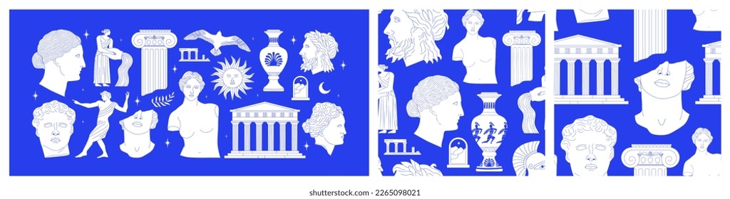 Set of ancient greek statue and classic vintage monument shapes pattern in blue color. Greece culture antique illustration collection. Historical flat cartoon drawing bundle.