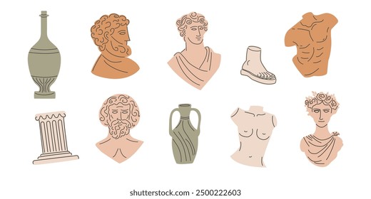 Set of ancient greek statue and classic vintage monument shapes. Ancient Greek and Roman. Greece culture antique illustration collection. Vector hand drawn.