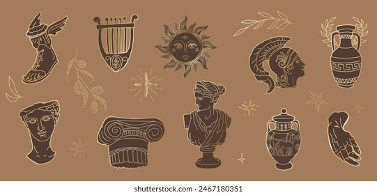 Set of ancient greek statue hand drawn. Classic vintage monument sculpture shape. Golden line and brown background. Greece culture, Antique classic statues in trendy line style