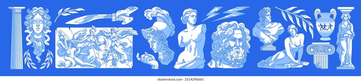 Conjunto de estatuas griegas antiguas. Mitología del arte de Grecia. Esculturas antiguas de diosas, cabeza de mujer con serpientes, columnas antiguas, relieve de mármol, busto de yeso, jarrón. Ilustraciones vectoriales aisladas planas