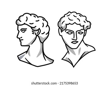 set of ancient greek statues illustration. greece gods head sculpture art vector in line art style. Linear drawings of heads of antique statues of the mystical god. Ancient Greek Figure face Statue 