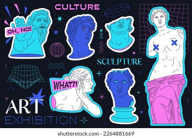 A set of ancient Greek statues in a modern line style. Sculptures in neon colors, a set of antique trend stickers. Editable stroke