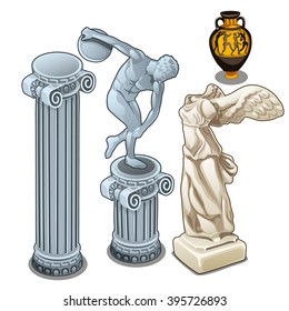 
A set of ancient Greek statues and pottery. Vector illustration.
