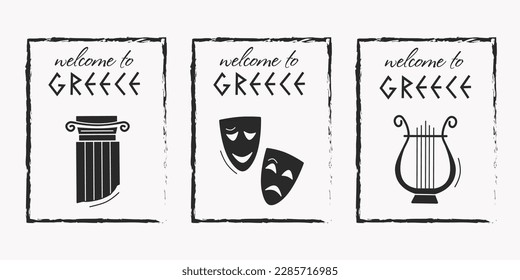 Set of ancient greek stickers. Heads of women, helmet, amphora, dagger, column. Classic statues in modern style, isolated hand drawn