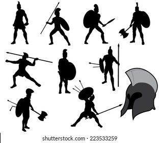 Set Of Ancient Greek Warriors Silhouettes. Vector Image