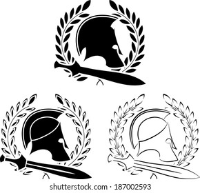 set of ancient helmets with swords and laurel wreaths. vector illustration