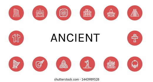 Set of ancient icons such as Column, Castle, Cave painting, Izba, Temple, Mayan pyramid, Harp, Rpg game, Paganism, Statue, Cathedral of saint basil, Amulet, Hawaiian , ancient