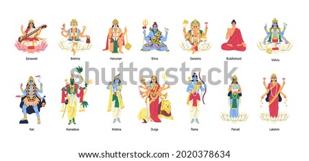 Set of ancient Indian Hindu gods and goddesses. Different idols of Hinduism. Deities and lords in India. Holy traditional characters of Asia. Flat vector illustration isolated on white background