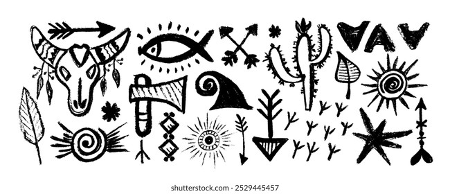 Set  with ancient  indian tribal esoteric doodles in style boho. Vector flat graphic design illustration. Isolated colored flat vector boho symbols illustrations. 