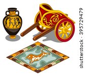 A set of ancient items. The chariot, the amphora and the carpet. Vector illustration.