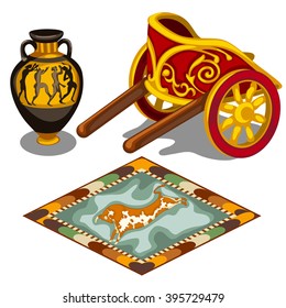 A set of ancient items. The chariot, the amphora and the carpet. Vector illustration.