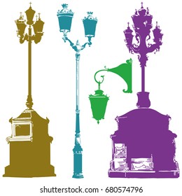 Set of ancient lanterns isolated vector hand drawing illustration in different colors on white background