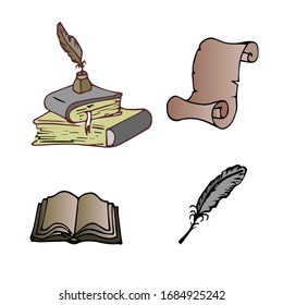 Set of ancient letters handwritten books, calligraphy feathers, fountain pen,   literacy kit for the old days, vector illustration .