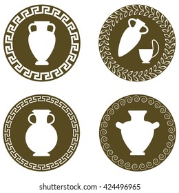 Set of ancient logos with greek antiquity vases. Vector greek flat urns collection. Amphora icon, antique pottery