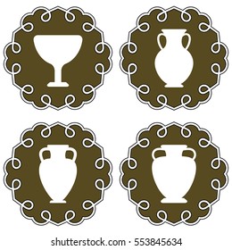 Set of ancient logos with greek antiquity vases for olive oil and wine. Vector greek flat urns collection. Amphora and cup icons