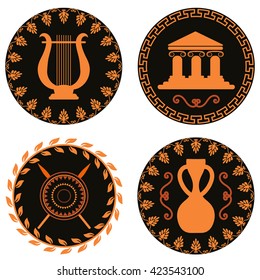 Set of ancient logos with temple, amphora, shield and spears, lira. The symbols of antiquity and Greece. 