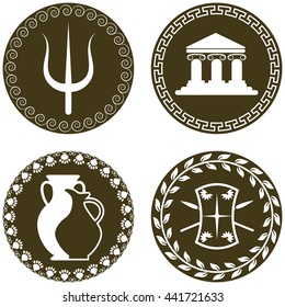 Set of ancient logos with temple, amphora and jug, trident of Poseidon, shield and spears. The symbols of antiquity and Greece. Greek history and mythology