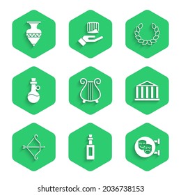 Fija lira antigua, botella de aceite de oliva, máscaras de comedia y tragedia, Partenón, arco medieval con flecha, corona de Laurel e ícono de ampollas. Vector
