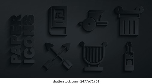 Set Ancient lyre, column, Crossed arrows, Bottle of wine, chariot and Greek history book icon. Vector