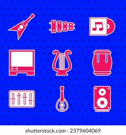 Set Ancient lyre, Guitar, Stereo speaker, Drum, Sound mixer controller, Voice assistant, Vinyl disk and Electric bass guitar icon. Vector