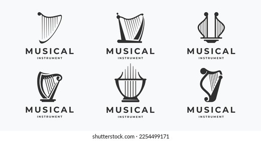 set of ancient lyre logo design. icon isolated on white background. golden harp logotype inspiration