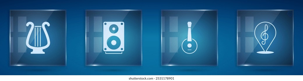 Conjunto de lira antigua, altavoz estéreo, Banjo y clave de agudos. Paneles de vidrio cuadrados. Vector