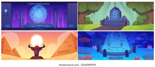 Set of ancient magic altars. Technological round altar of the future, in the desert, at the bottom of the ocean, in the dense forest. Worship of gods. Place of power. Sacrifice. Vector illustration.