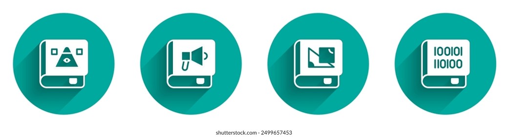 Set Ancient magic book, Book, about geometry and Books programming icon with long shadow. Vector