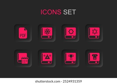 Set Ancient magic book, Book about physics, PDF file document, Jewish torah, History, User manual and Daily paper notepad icon. Vector