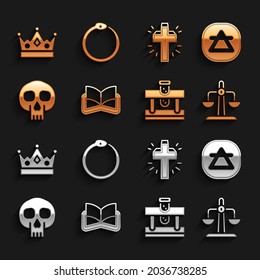 Set Ancient magic book, Air element, Libra zodiac, Bottle with potion, Skull, Christian cross, King crown and Ouroboros icon. Vector