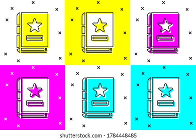 Set Ancient magic book with alchemy recipes and mystic spells and enchantments icon isolated on color background.  Vector Illustration
