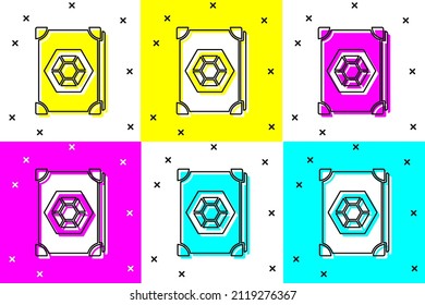 Lege ein altes Zauberbuch mit alchemistischen Rezepten, mystischen Zaubern und Verzauberungen, Symbol einzeln auf Farbhintergrund.  Vektorgrafik