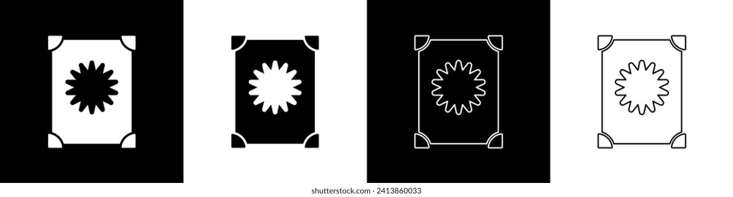 Set Ancient magic book with alchemy recipes and mystic spells and enchantments icon isolated on black and white background.  Vector