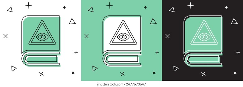 Set Ancient magic book with alchemy recipes and mystic spells and enchantments icon isolated on white and green, black background.  Vector