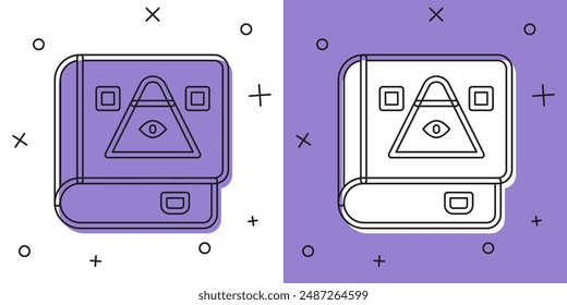 Set Ancient magic book with alchemy recipes and mystic spells and enchantments icon isolated on white and purple background.  Vector