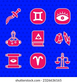 Set Ancient magic book, Aries zodiac, Libra, Magic stone, scroll, Poison in bottle, Masons and Dagger icon. Vector