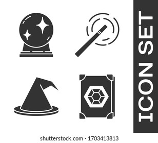 Set Ancient magic book, Magic ball, Witch hat and Magic wand icon. Vector