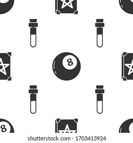 Set Ancient magic book, Magic ball of predictions and Bottle with love potion on seamless pattern. Vector