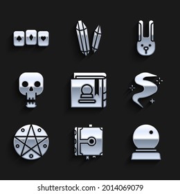 Set Ancient magic book, Magic ball, fog or smoke, Pentagram in circle, Skull, Rabbit with ears and Playing cards icon. Vector