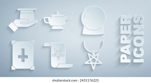 Set Libro de magia antigua, bola mágica, pentagrama en el collar, lámpara o Aladdin y el icono de la mano del sombrero mago. Vector
